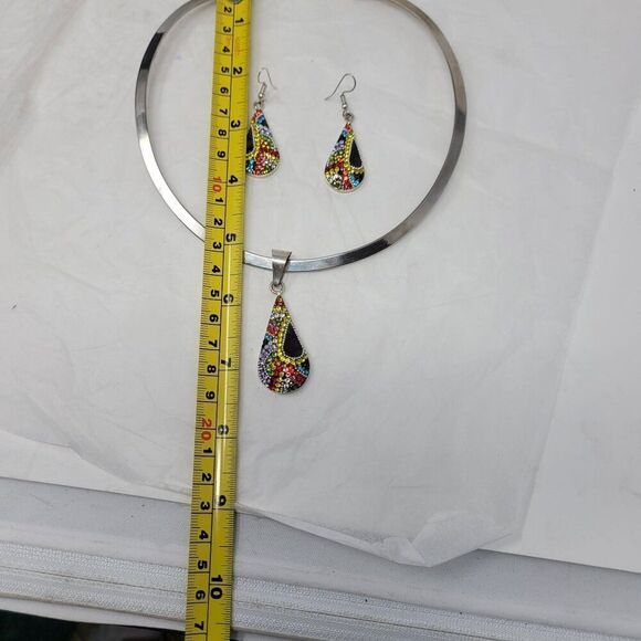 Artisan 925 Teardrop Multicolor Micro Mosaic Crystal Torque Necklace Earring Set - Picture 13 of 16